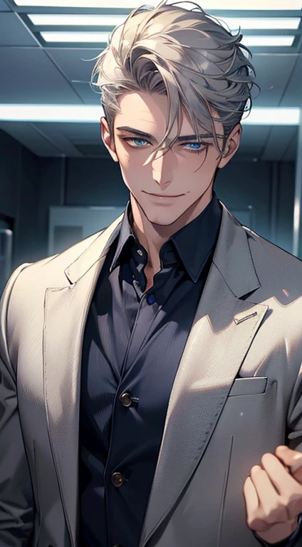 (best quality, masterpiece, 8K, photorealistic, cinematic lighting, 1:4 hdr image, ultra detailed, beautiful image), a mature man, 25 years very handsome, ((cold expression smile in love)), short grey hair, blue eyes, face perfect without mistakes, ((buttoning his jacket, CEO)), smile.