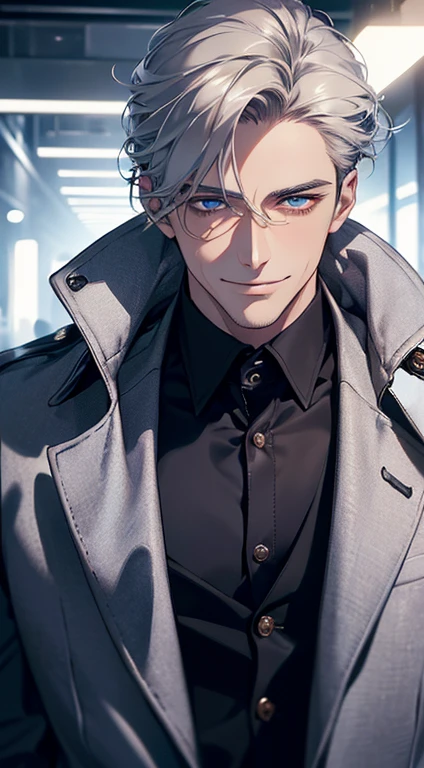 (best quality, masterpiece, 8K, photorealistic, cinematic lighting, 1:4 hdr image, ultra detailed, beautiful image), a mature man, 25 years very handsome, ((cold expression smile in love)), short grey hair, blue eyes, face perfect without mistakes, ((buttoning his jacket, CEO)), smile.