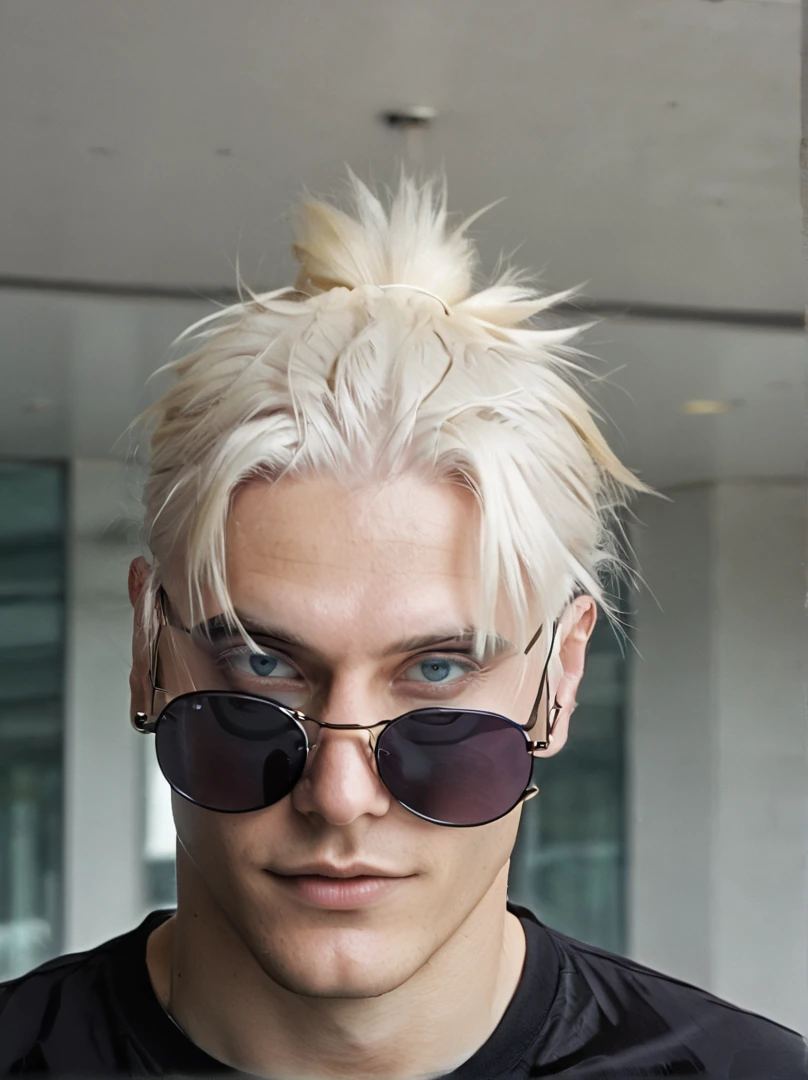 White-haired man wearing sunglasses and a black shirt, very pale blond hair, very very blonde hair, high viewing angle, one blond man looks like gojo, 8 k, White hair