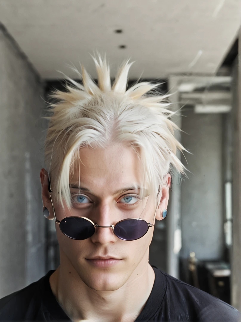 White-haired man wearing sunglasses and a black shirt, very pale blond hair, very very blonde hair, high viewing angle, one blond man looks like gojo, 8 k, White hair