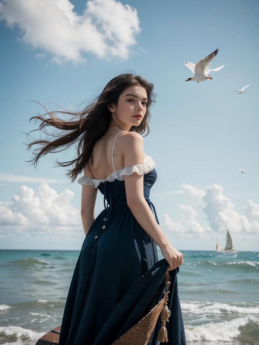 a woman, solo, long hair, black hair, dress, standing, sharp focus, outdoors, sky, day, cloud, water, clothes lift, from behind, blue sky, dutch angle, Victorian era, inspired by Milo Manara, seagulls, ocean, traditional media, beach, watercraft, ship, waves, boat, seagull