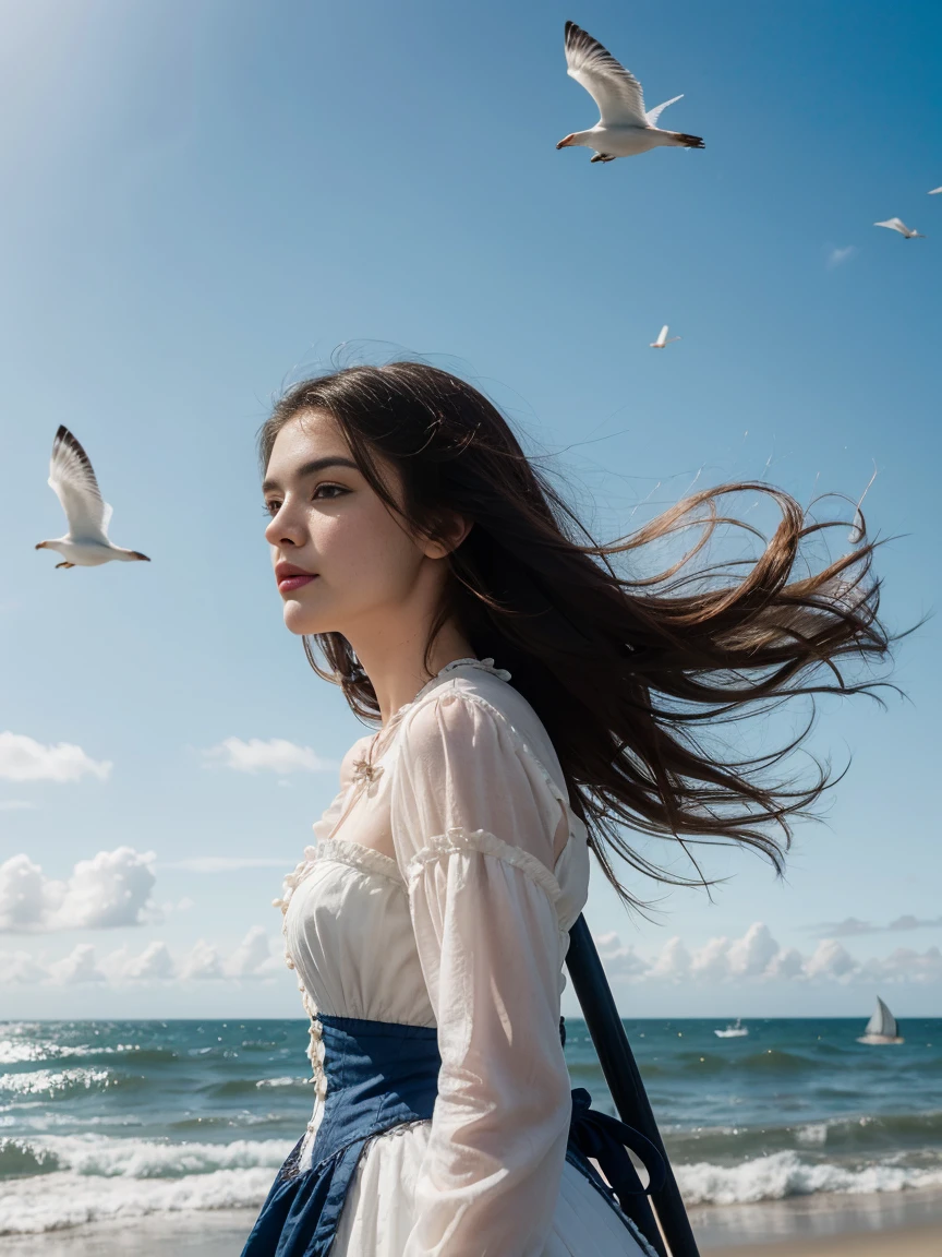 a woman, solo, long hair, black hair, dress, standing, sharp focus, outdoors, sky, day, cloud, water, clothes lift, from behind, blue sky, dutch angle, Victorian era, inspired by Milo Manara, seagulls, ocean, traditional media, beach, watercraft, ship, waves, boat, seagull