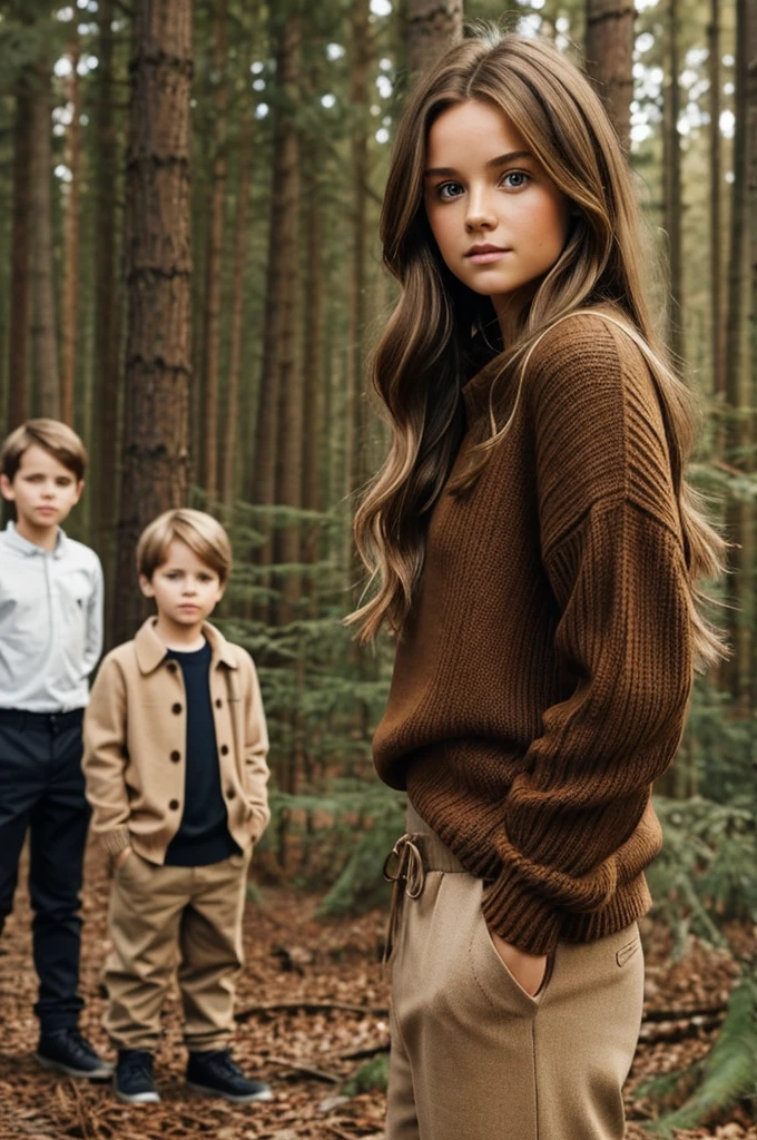 Girl with brown long hair sweater and low waist pants. In the background 3 boys a boy with blond tousled hair another boy with brown tousled hair and a boy with brown hair. In the background there is a girl with blonde hair and in the background there is a forest