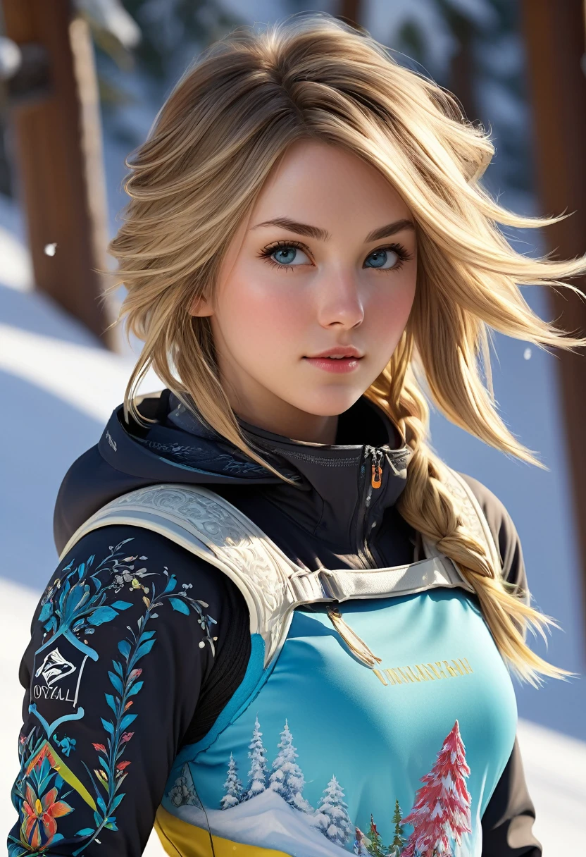 8K resolution, masterpiece, Highest quality, Award-winning works, unrealistic, Final Fantasy, Royal Jewel,Photorealistic by Midjourney and Greg Rutkowski, , elegant, Very detailed, Delicate depiction of hair, Miniature Painting, Digital Painting, Art Station, Concept Art, Smooth, Sharp focus, , nature, Clear shadows, Full body portrait, 22-year-old woman, , Height: 170cm, Large, firm, swaying bust, Ski resort, Snow Mountain, Female Snowboarder,Olympian snowboarder, Snowboard Giant Slalom, Ski resort, slalom, Flashy snowboarder&#39;s clothing, Complex construction, Snowboarding, Snowboard down a steep slope, Glide, erotic, One sexy woman, healthy shaped body,,