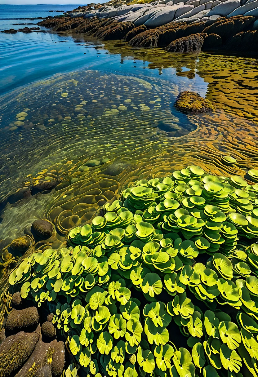 Create a close-up image of Bladder Wrack seaweed kelp floating in the water along a rugged coastline. The scene should show the intricate details of the seaweed's long, yellow fronds and its distinctive, bulbous air bladders. The water should be clear, allowing the textures and colors of the Bladder Wrack to be seen clearly. The fronds should be floating gracefully in the shallow, sunlit water, with the rocky shoreline visible in the background. Highlight the ethereal, almost otherworldly appearance of the seaweed as it glistens and sways gently in the current. The atmosphere should convey the serene and mystical beauty of the coastal environment, with the play of light and shadow on the water and the seaweed.