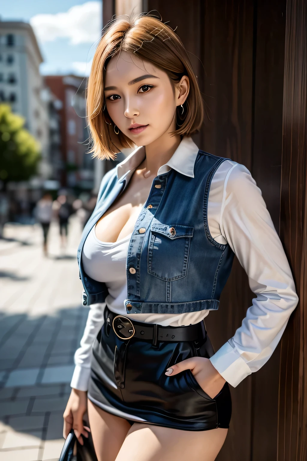 Android 18, Android 18, Blonde, blue eyes, eyelash, hoop Earrings, short hair, Earrings, break belt, Black legwear, black shirt, breast pocket, Cleavage, clavicle, denim, denim skirt, high-waist skirt, jewelry, Long sleeve, pocket, shirt, shirt tucked in, skirt, Striped, Striped sleeves, Waistcoat,, break outdoors, city, null, cloud, sun, break looking at viewer, (Cowboy Shot:1.5), break (masterpiece:1.2), Highest quality, High resolution, unity 8k wallpaper, (shape:0.8), (Beautiful and beautiful eyes:1.6), Highly detailed face, Perfect lighting, Highly detailed CG, (Perfect hands, Perfect Anatomy)