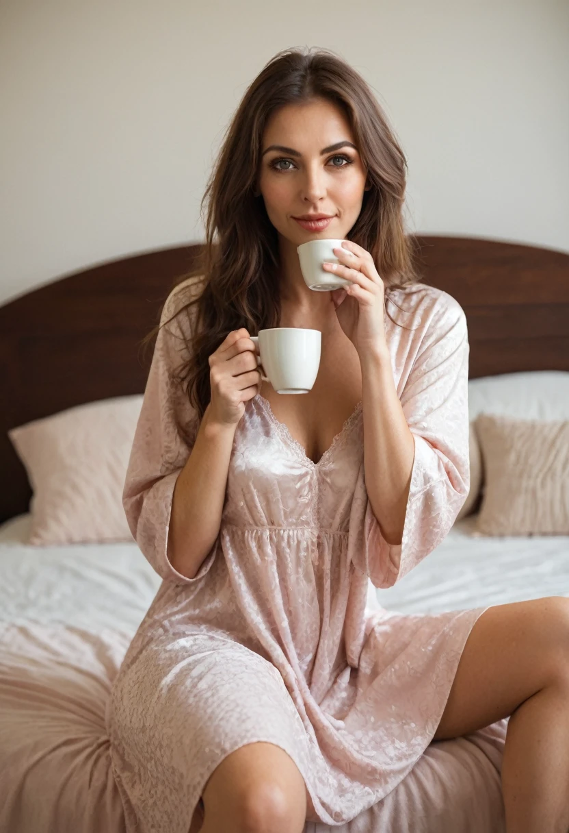 stubble beard woman, brown hair, amber eyes, in nightgown, drinks coffee