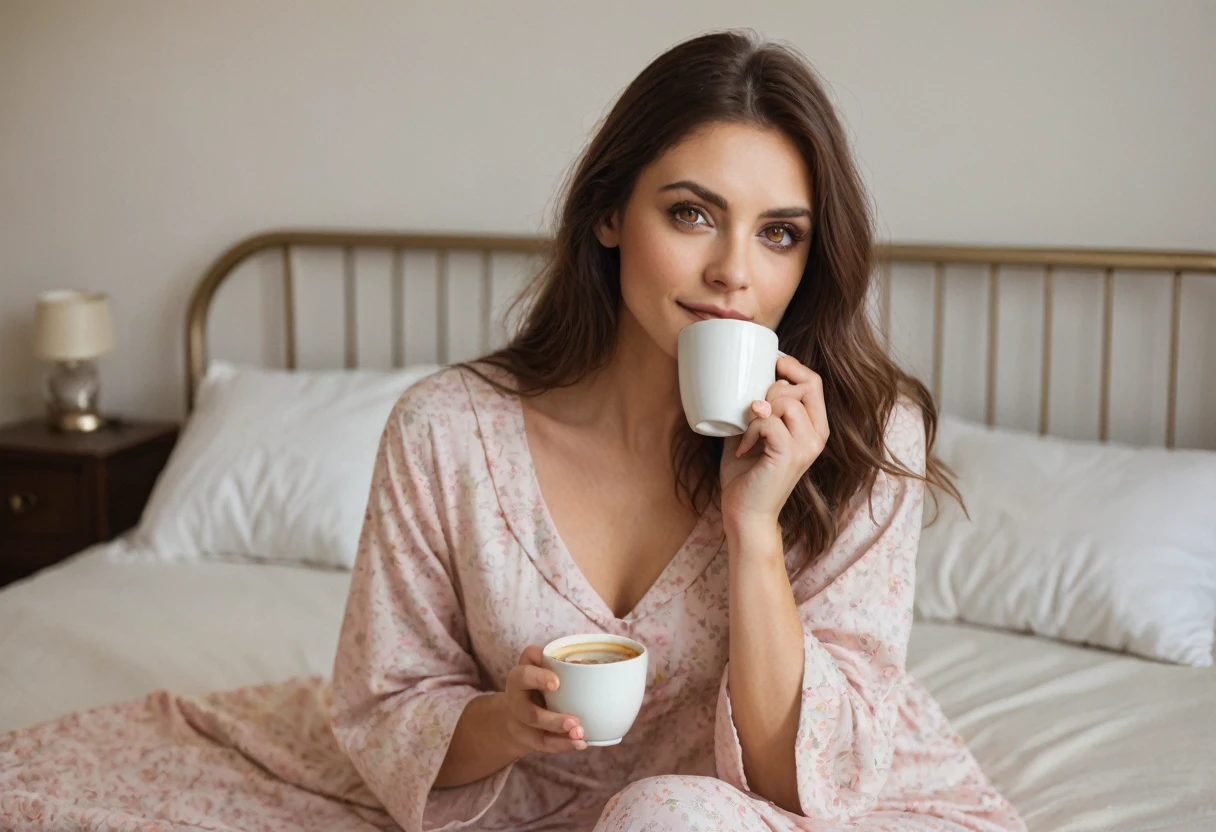 stubble beard woman, brown hair, amber eyes, in nightgown, drinks coffee