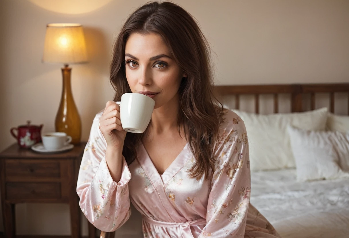 stubble beard woman, brown hair, amber eyes, in nightgown, drinks coffee
