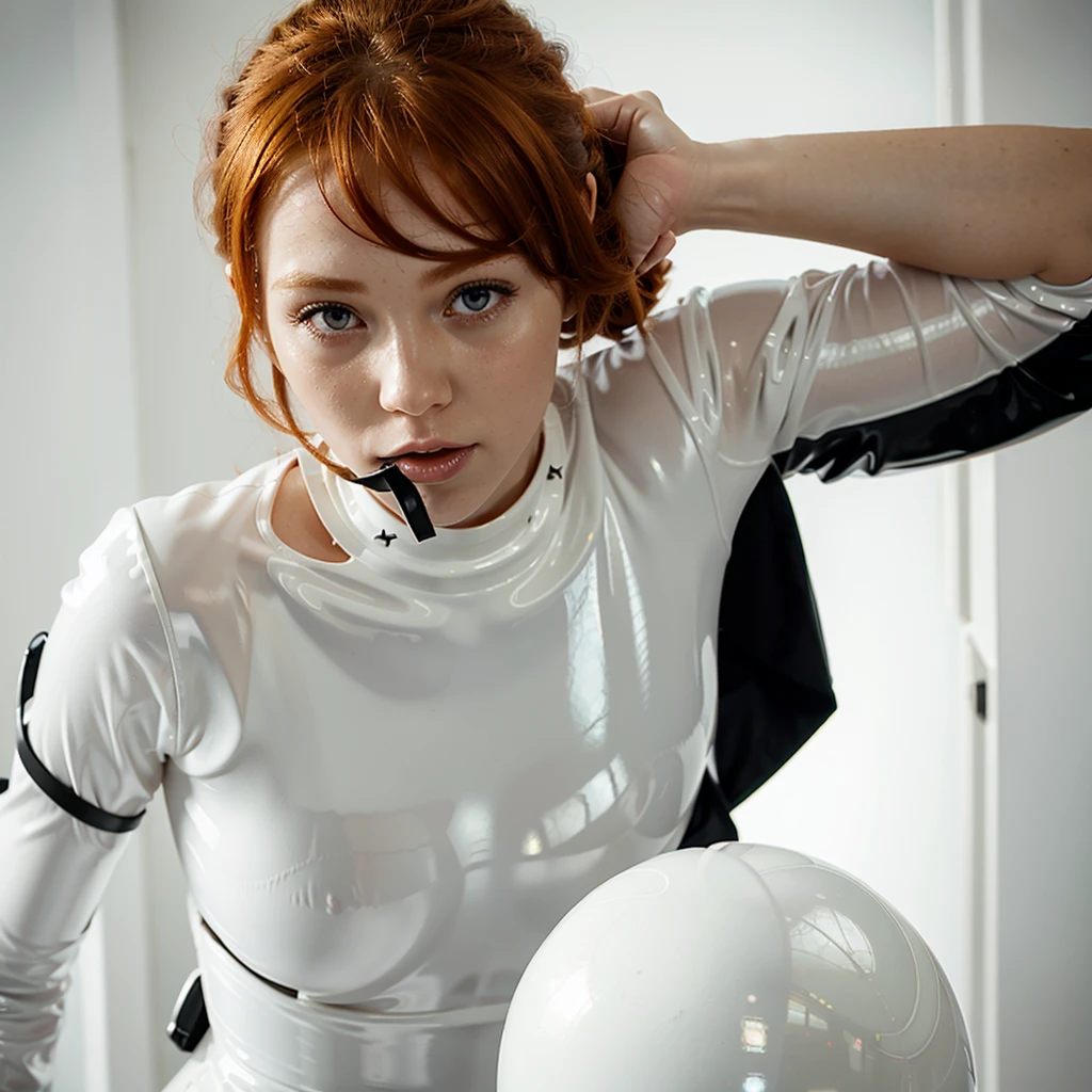 Ginger girl in a white latex combinaison, with a black blindfold, tied up, with a ball in her mouth