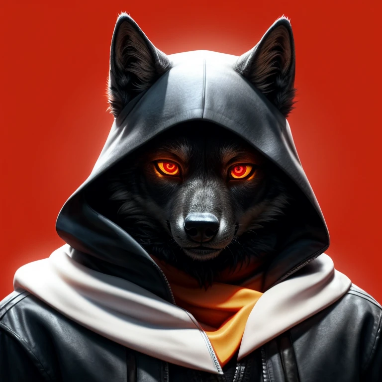 A black male anthro wolf, wearing a black jacket. His are visible. His head is covered by the hood of the jacket. His eyes is glowing orange with red pupil and black in the middle of red pupil. He has a long white scarf wrapped around his jacket neck. Red background. Sfw. Detailed realistic eyes, hd graphic, best 4k high quality detailed art. Detailed realistic black fur. Detailed realistic glowing eyes