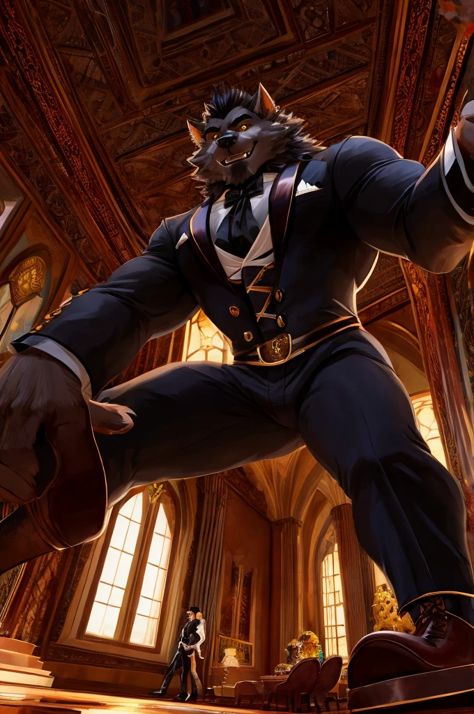 Giant Buff Werewolf Butler, Confident, Golden Eyes, Muscular, Handsome, Charming, View from Below, High Contrast, Standing over the Viewer, Macro, Inside Mansion