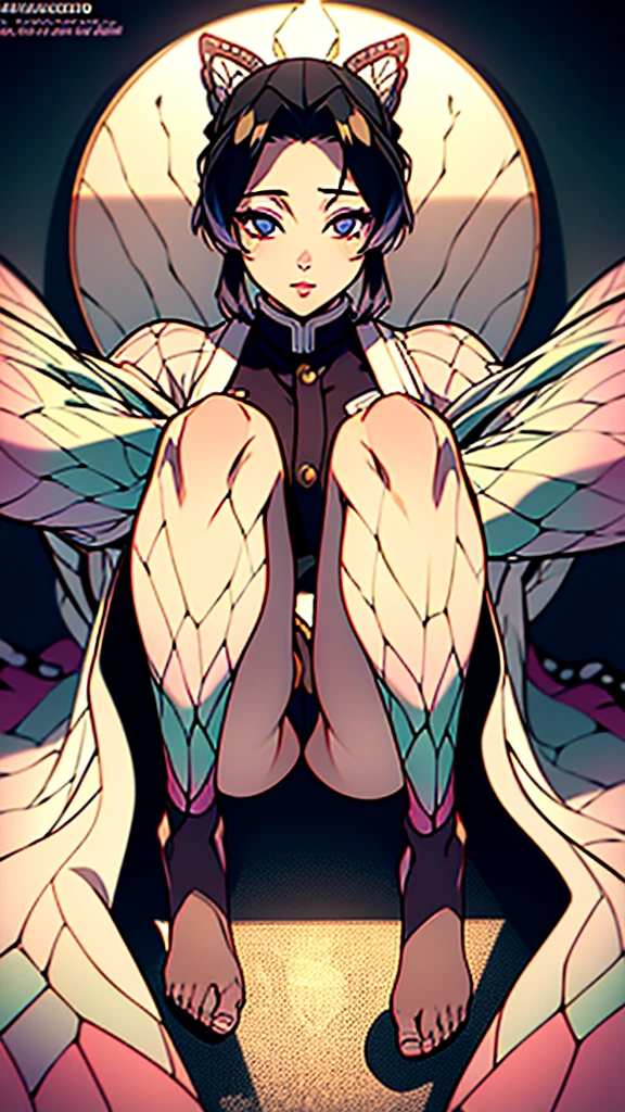 detailed portrait of Shinobu Kocho, 1girl, beautiful detailed eyes, beautiful detailed lips, extremely detailed face and features, long eyelashes, half nude, ripped kimono, sexy, hot feet,detailed background, cinematic lighting, highly detailed, 8k, photorealistic, masterpiece , anime style , legs spread , pussy view , trimmed