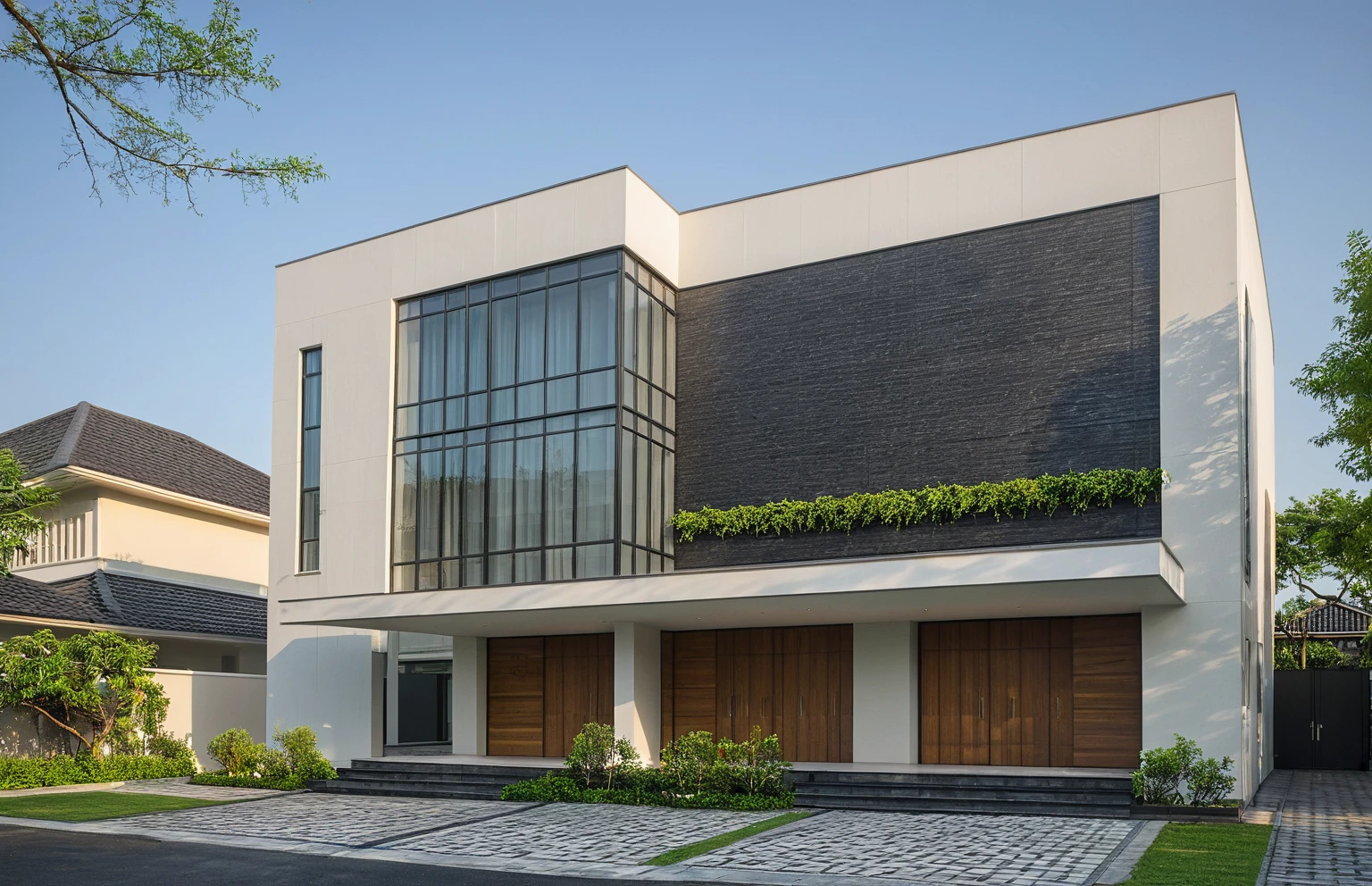 modern villa on street, (daylight), tropical tree, (slope roof, black tiled roof:1.2), vivid color, streetcapes, nice sky, grey tone, large glass door, warm interior lighting, modern material, best quality, ultra realistic, masterpiece, 17ArchiAI_XL_VL-v1
