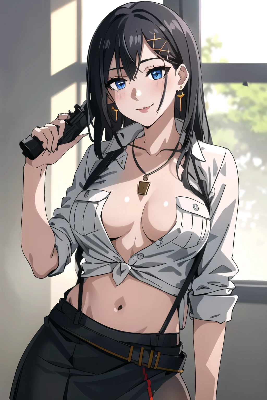 Siska, solo, long hair, blue eyes, black hair, hair ornament,  hairclip, mole, blush, lipstick, masterpiece, best quality, ((unbuttoned , cleavage, necklace, earrings, sexy body,
breasts)) , micro skirt, smiling, navel , exposed belly, exposed navel,(nsfw) not safe for work,school,knot,
classroom , holding a gun, hold a gun