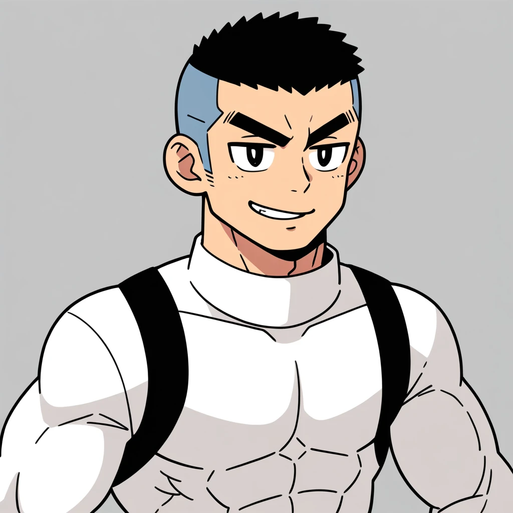 anime characters：Gyee, Muscle Sports Student, Buzz Cut, Manliness, male focus, Mike White high collar long sleeve tight T-shirt, Slightly transparent material, Very tight, Round, full and perky chest muscles, Slightly transparent, muscular male, muscular, only, Upper body, alone, Black short hair, Thick eyebrows, stubble, Cute little eyes, Grey background, simple background, amazing quality, best aesthetics, Ridiculous, crew cut, parted lips, seductive smile, torogao, naughty face, drop shadow, best quality