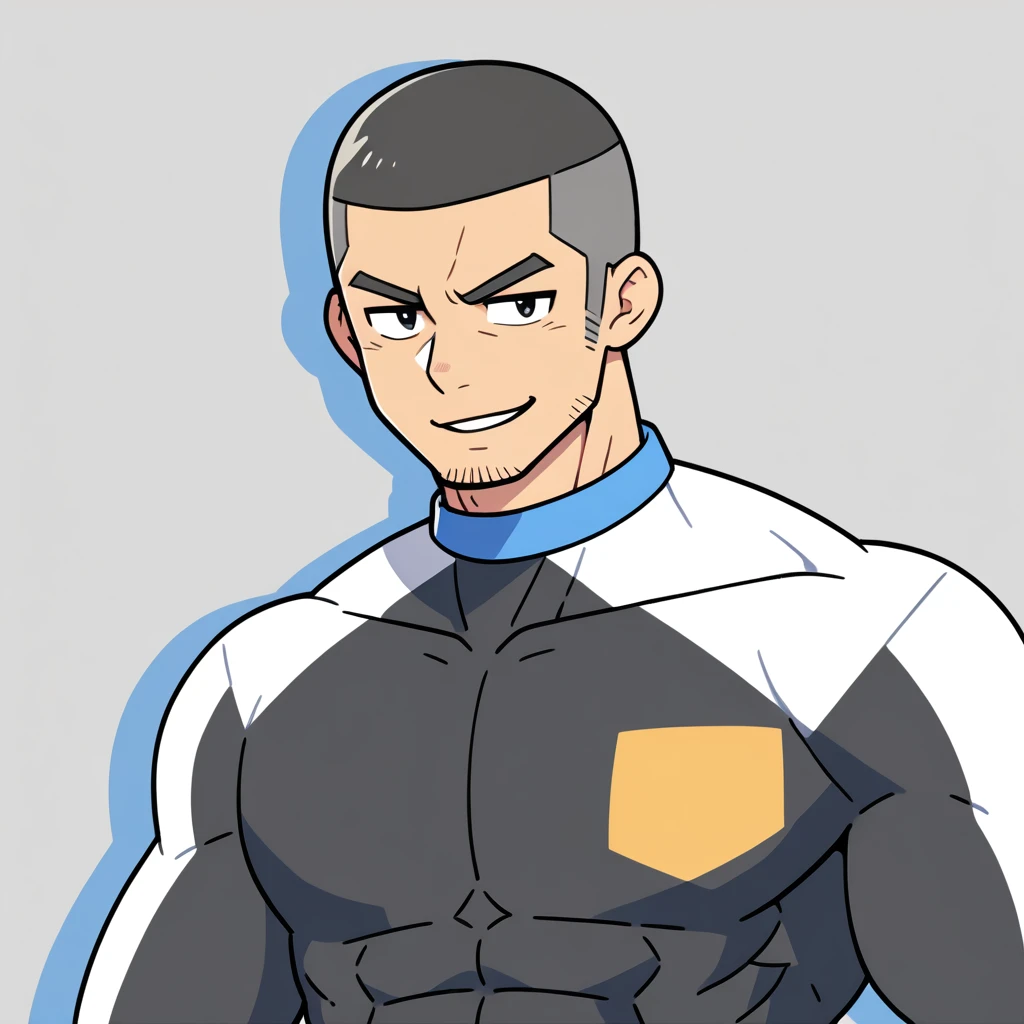 anime characters：Gyee, Muscle Sports Student, Buzz Cut, Manliness, male focus, Mike White high collar long sleeve tight T-shirt, Slightly transparent material, Very tight, Round, full and perky chest muscles, Slightly transparent, muscular male, muscular, only, Upper body, alone, Black short hair, Thick eyebrows, stubble, Cute little eyes, Grey background, simple background, amazing quality, best aesthetics, Ridiculous, crew cut, parted lips, seductive smile, torogao, naughty face, drop shadow, best quality
