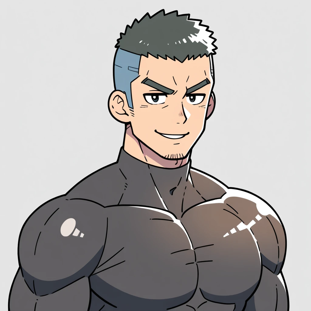 anime characters:Gyee, Muscle Sports Student, Buzz Cut, Manliness, male focus, Mike White high collar long sleeve tight T-shirt, Slightly transparent material, Very tight, Round, full and perky chest muscles, Slightly transparent, muscular male, muscular, only, Upper body, alone, Black short hair, Thick eyebrows, stubble, Cute little eyes, Grey background, simple background, amazing quality, best aesthetics, Ridiculous, crew cut, parted lips, seductive smile, torogao, naughty face, drop shadow, best quality