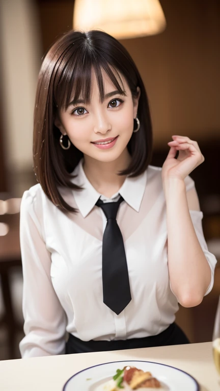 (masterpiece)、(Highest quality:1.5)、(Photorealistic:1.2)、(Surreal), (High resolution), (Realistic), (Post-processing),(Sharp focus), Sharp focus:1.2,Backlight, (Improvement of quality:1.4), (Narrow waist)、Big Ass、((Perfectly detailed five-fingered hands)),(Anatomically correct body)、((1 female:1.4))、Japanese、Realistic Skin、(Small chest:1.4)、Bust size is A cup、Pretty woman with perfect figure:1.4,(from the front:1.5), (Enhances the beauty of skin texture:1.1),No makeup、美しいBlack Hair、The best smile、Natural color lip、(Small Mouth:1.4)、The mouth is not open、Thick lips、(Oval Face)、Even bangs、Hide eyebrows with bangs、((33-year-old woman))、Bob Hair、Hair blowing in the wind, (Black Hair, Iris, Watery eyes, Shining Eyes, Bob Cut Hair, Small earrings,), Hair behind the ear、No makeup、(Drooping eyes)、(((One lovely woman)),((A big friendly smile)),(( Small breasts,Small breastsの谷間)),((((Plump Cheeks)))),((whole body:1.5)),very cute,(Baby Face),高級restaurantで、full-course dinner、Wine Party、Bright image、The beauty of wine, Beautiful Face, red wine 、Appetizers、Italian food、Wine bottle、Champagne、sparkling wine、(slimな顔), (The body is slim),restaurant, White wine, slim, wine glass, 中央に置かれたwine glass, Beautiful fine grain, Depth f/2,saturation, High Contrast, Strong light and shadow,Moist Body:1.5、3D texture、Delicate eyes、((In front of the food on the table:1.5))、White collar shirt and tie、erious expression