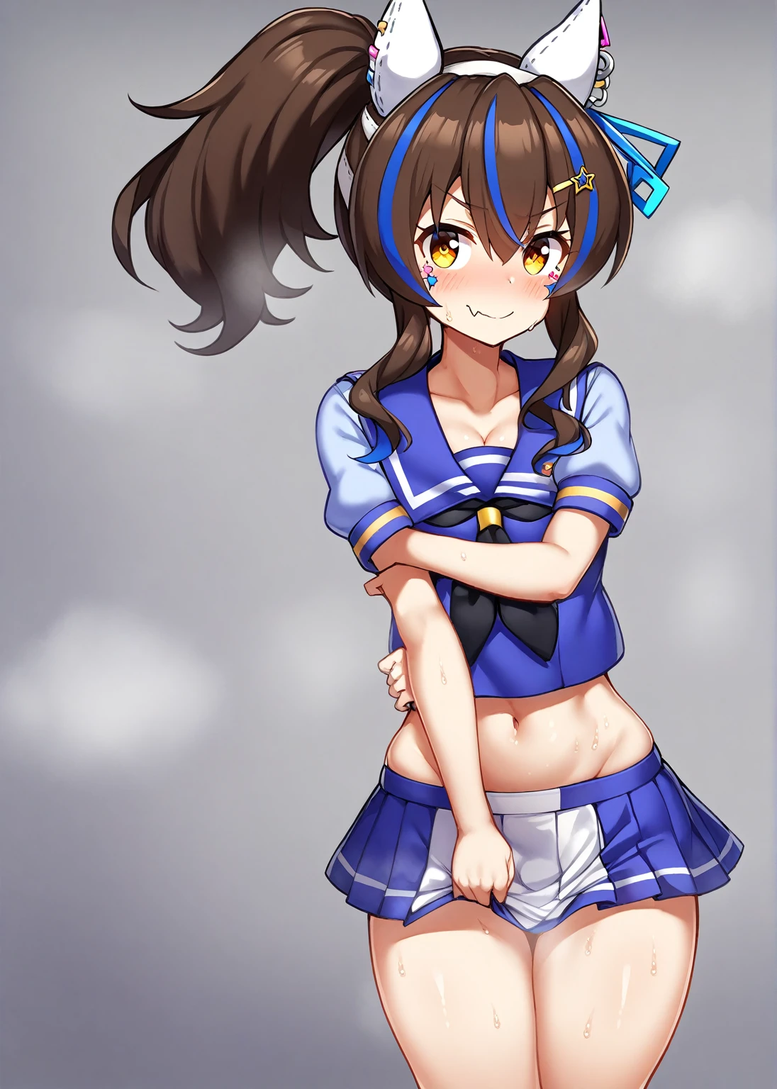 1Girl, daitaku helios(umamusume), (umamusume), umamusume, sweat, steam,smile, skin fang, ponytail, shimakaze_(kancolle)_(cosplay) , tracenschooluniform, (undersized clothes),cleavage, groin, looking at viewer, cowboy shot, masterpiece, very aesthetic, recent, mid,
