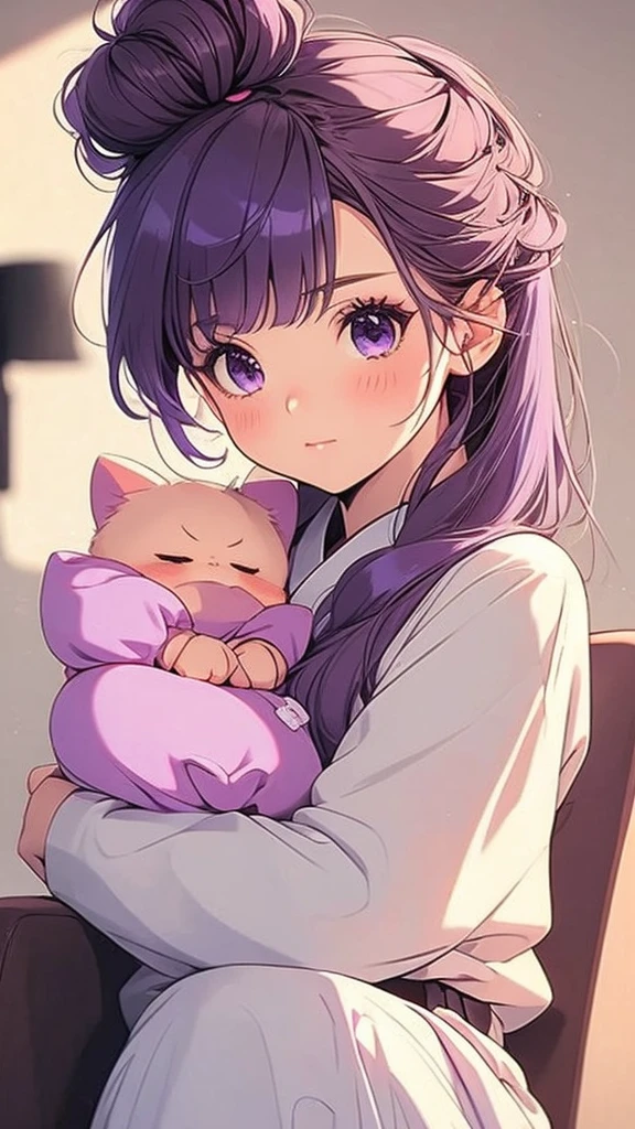 anime lady looking forward with purple hair and long sleeves on her shoulders, 1girl, solo, looking at viewer, purple eyes, long hair, bangs, blurry background