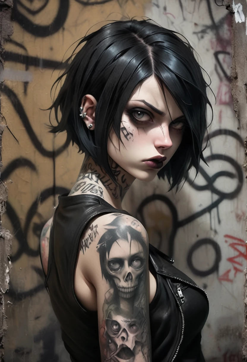 portrait of a female rocker, expressive eyes, tattoo, short bob hair, attitude, sultry, pictorialism, dystopian, grim dark, goth, chiaroscuro, contrast, surrealism, gritty background, background grunge graffiti wall, high angle view