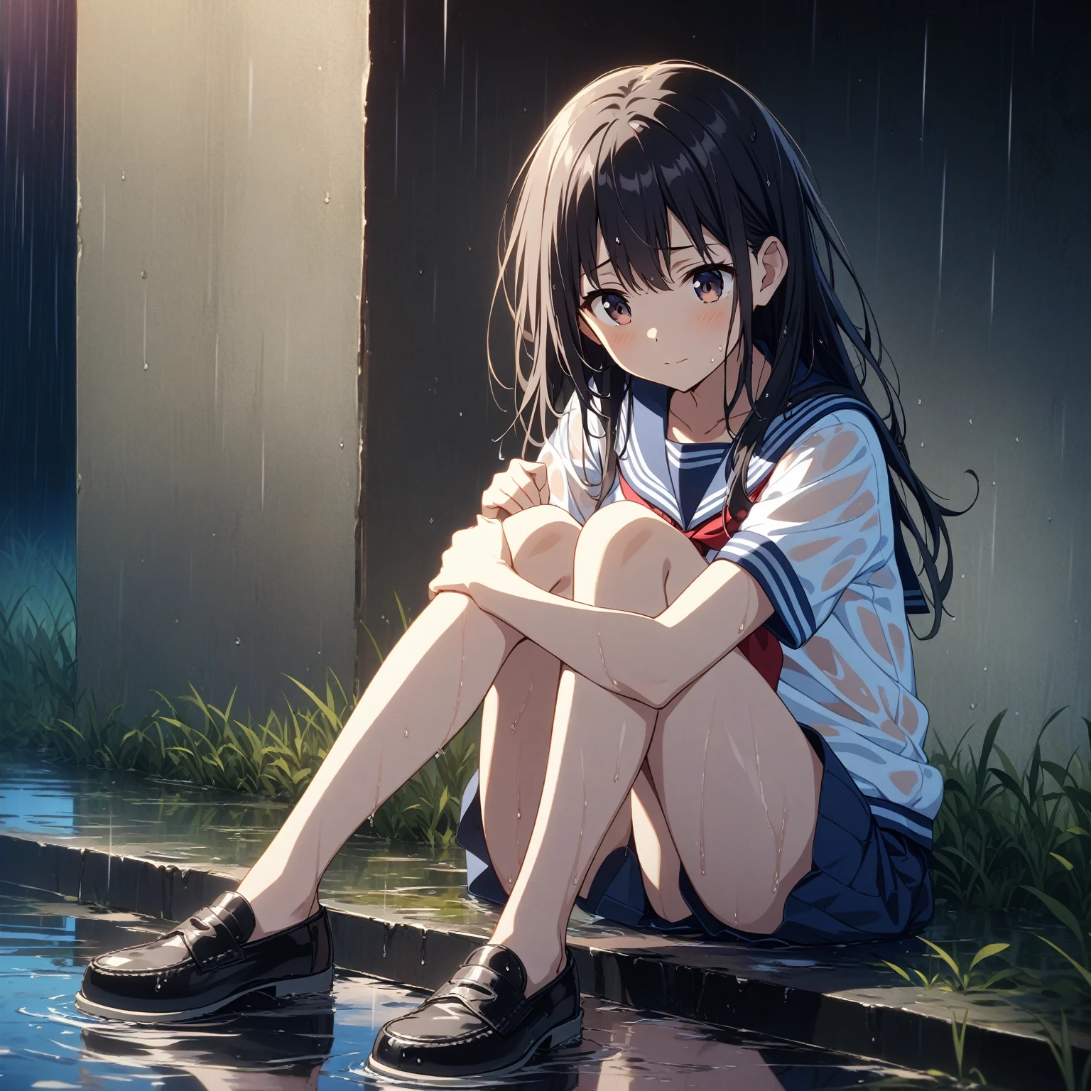 1girl、Black Hair、Sailor suit、Wet clothes、Wet Hair、Grass、heavy rain、evening、Reflection on the water、puddle、deep faint light 、 detailed CG、high resolution