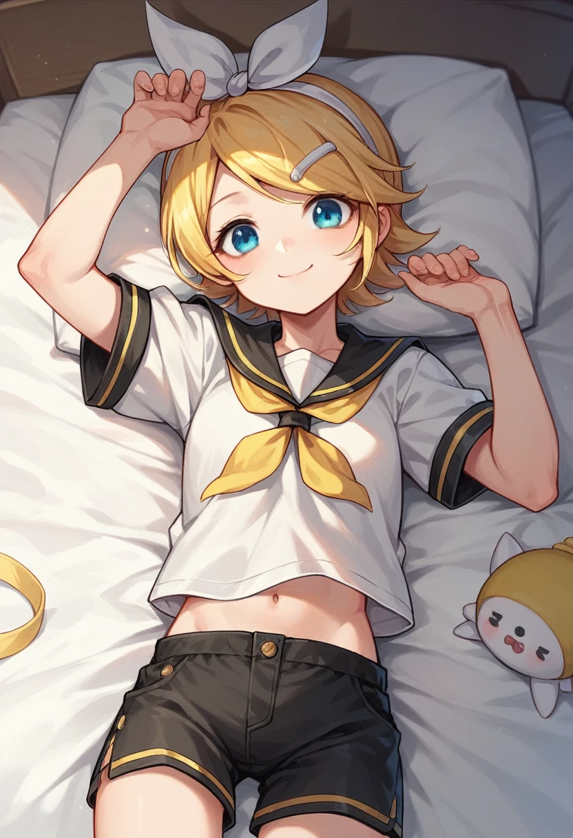 One Girl, (Kagamine_Also), blue eyes, blonde, short hair, cute, Pure, Innocent, young, On the bed, (lying On the bed), Sailor suit, (Black shorts), Smiling Kindly, Girls love you, Focus on the upper body,