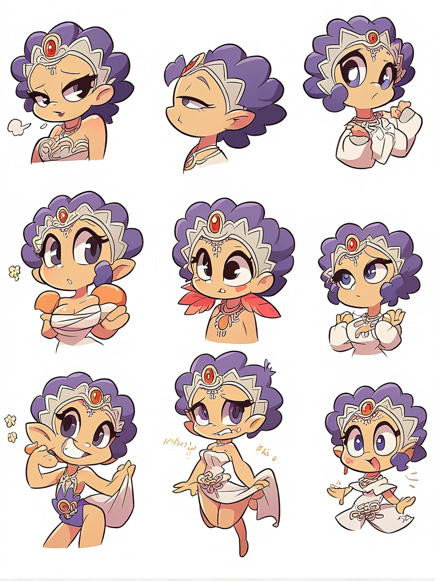 Cute and humorous Q version Chinese girl,big eyes,sticker,6 different facial expressions,expression board,Various poses and expressions,Anthropomorphic style,Ancient and classic style,Showing a variety of emotions,Cartoon illustration,Vector illustration, (Nine Palace Grid Layout: 1.5),(White background:1.5),Clear outline,Perfect details,Clear boundaries,No crossover