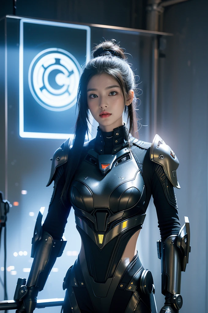 Game Art，Best image quality，Maximum resolution，8K，((A bust photo))，((portrait))，(Rule of Thirds)，Unreal Engine 5 rendering works， (Future girl)，(Female Warrior)， 22-year-old young hacker)，(Oriental hairstyle)，(Beautiful eyes full of details)，(Large Breasts)，(Eyeshadow)，Elegant and charming，indifferent，((frown))，(Combat uniforms full of futuristic technology，This costume combines futuristic power armor and，Clothing is decorated with glittering patterns and emblems)，（The lower body is completely naked from the crotch），Cyberpunk Characters，in the style of futuristic， lamp，Ray Tracing，Game CG，((3D Unreal Engine))，OC rendering reflection mode