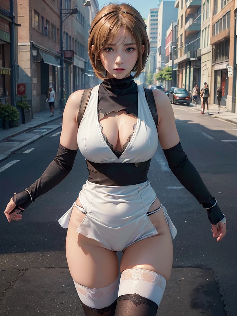 ((No hair, Shaved head, Buzz cut hair)), ((background:On the streets of the city:1.4)), ((Looking at the front:Watch the audience:1.5, Light from the front, Full Body Shot:1.2)), (Ultra-precise reproduction, 8K, Similar to Serah from Final Fantasy, Image quality like the latest Final Fantasy, Glowing Skin, Realistic:1.9, Very detailed, High resolution, Super detailed, (masterpiece:1.4), Highest quality), (takamori haruka, One girl, Ninja, Black neckerchief, Black fingerless gloves, White shorts, White legwear, 黄colorのドレス, Fishnet tights, (Ultra extreme detailed),(Masterpiece),(Ultra extreme),(Realistic),CG,(color:1.2), ), ((color白の肌, age Girl, Large Breasts, Watermelon shaped breasts, Big Breasts, Narrow waist, A broken back, Rounded ass, Complete the whole body, Full body image, Perfect proportions, sexy, Alluring))