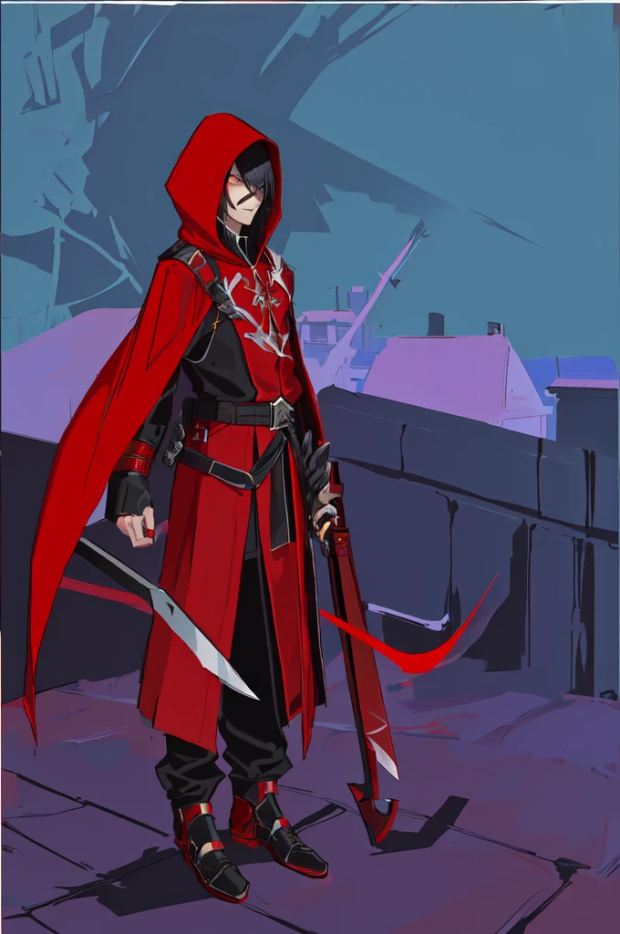 cartoon of a Man in a red and black outfit with a blade, red demon cloak, villain wearing a assassin suit, red hooded assassin, crimson attire, assassin