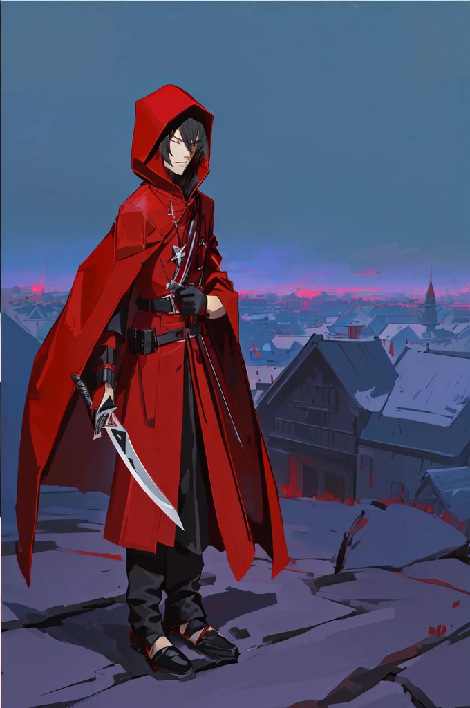 cartoon of a Man in a red and black outfit with a blade, red demon cloak, villain wearing a assassin suit, red hooded assassin, crimson attire, assassin