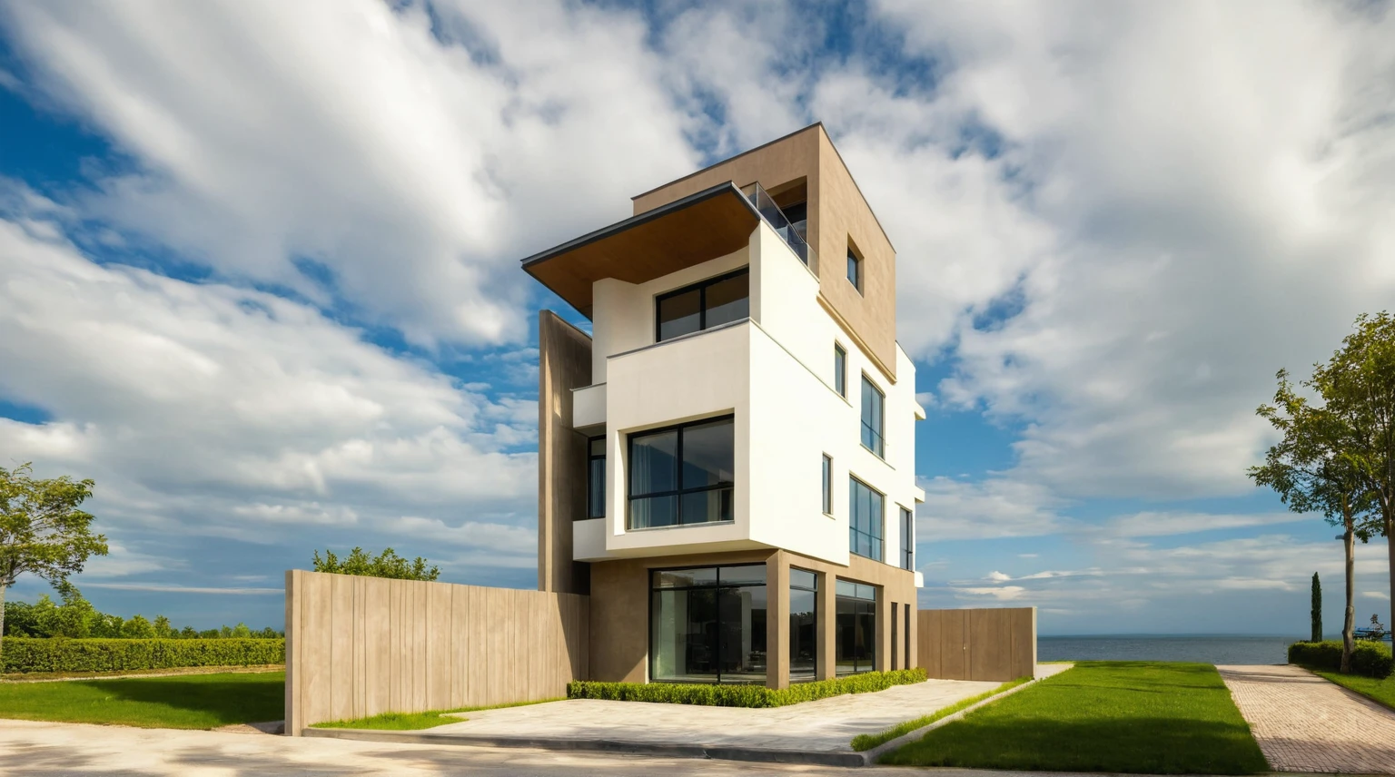 Masterpiece, high quality, best quality, authentic, super detail, outdoors, house style modern,bietthuhn, white wall, glass windows, gate road,pavement, grass, trees,blue sky, cloud, (day:1.1), realistic lighting
