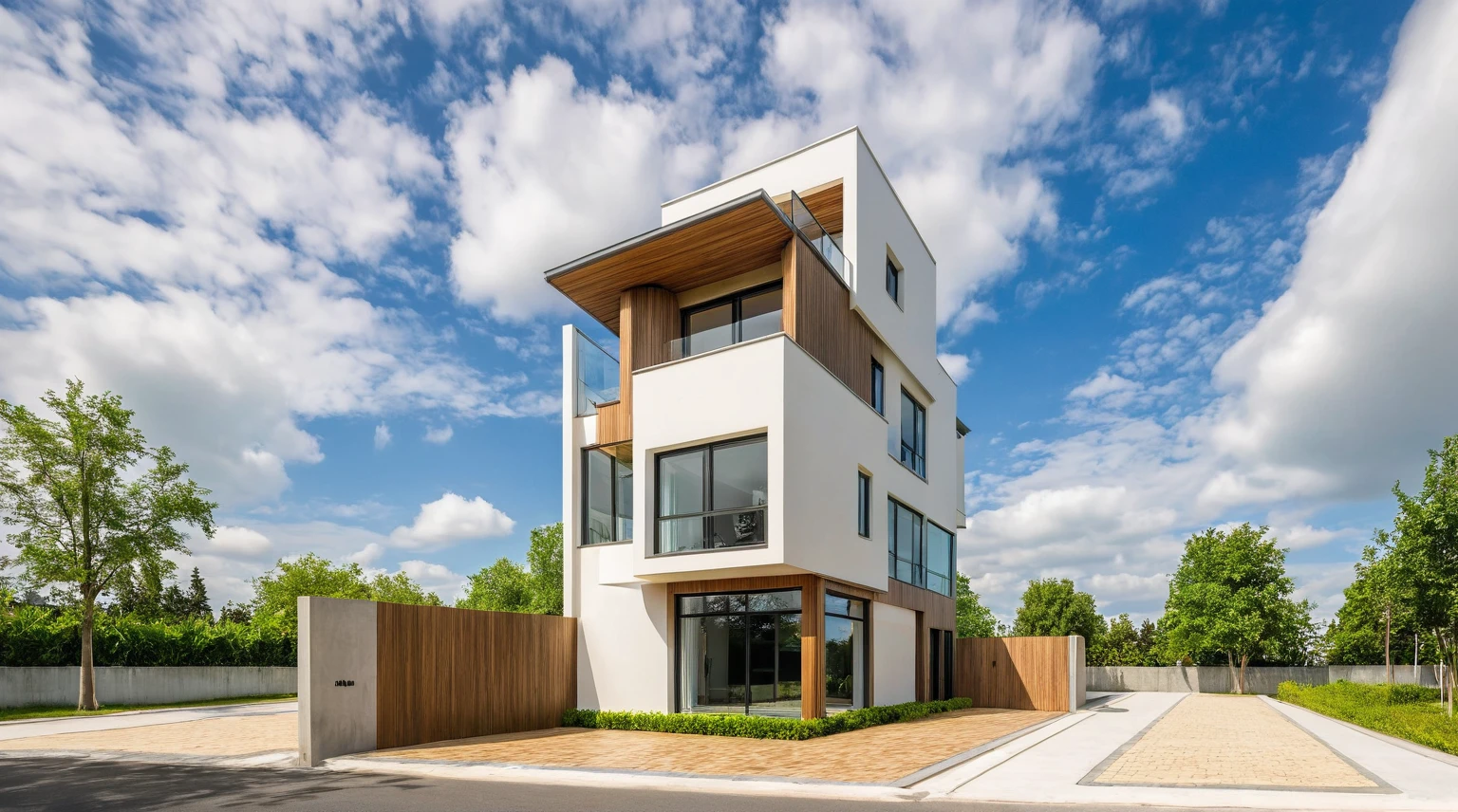 Masterpiece, high quality, best quality, authentic, super detail, outdoors, house style modern,bietthuhn, white wall, glass windows, gate road,pavement, grass, trees,blue sky, cloud, (day:1.1), realistic lighting