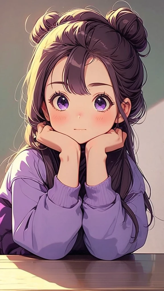 anime girl with purple aura sitting with head against table with her wrists under chin, 1girl, solo, looking at viewer, purple eyes, long hair, bangs, blurry background