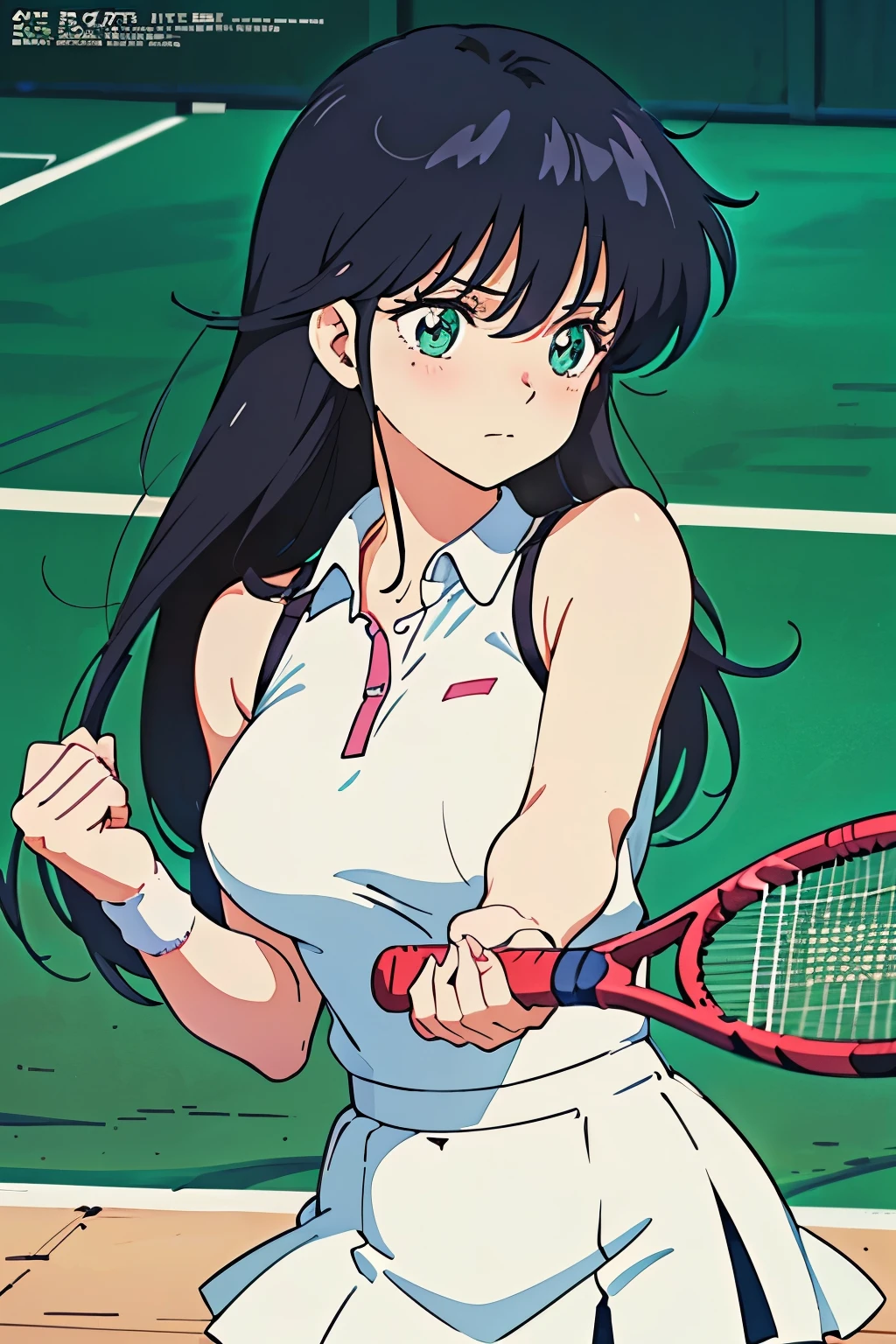 (masutepiece, Best Quality, High resolution:1.5, anime colours, megami magazine:1.2, anime poster style, anime keyvisual, sharp, 8k, photorealistic), (beautiful detailed eyes:1.5, beautiful detailed face:1.2), madoka ayukawa, 1girl, blush, (black hair, Long Hair), (sagging large breasts), (tennis wear), upper body, (Perfect detailed Anatomy, beautiful detailed hair, beautiful detailed body:1.2, shiny skin), (thick outline, Beautiful outlines, black outlines), simple background
