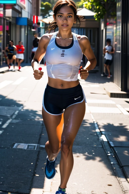Olympic、Athletics、Women's Marathon、short chestnut hair、Sunburned skin、Beautiful and voluptuous、非常にhealthyでAthletic abilityの高いyoung女性が、SoakingWetClothey body is wet、With a look of pain、Under the scorching sun、(Running through the city streets:1.9)、ぴったりとしたクロップ丈のTank top、Play shorts、running シューズを履き、Muscularの体格と形の良い曲線は、激しいtrainingによって強調されています。(Highest quality、8K、High resolution、masterpiece:1.2)、Super detailed、(Real、Photorealistic、Photorealistic:1.37)、Highly detailed facial features、Beautifully detailed eyes、Beautifully detailed lips、Highly detailed eyes and face、Long eyelashes、Athletic ability、Muscular、healthy、Slender、Tightened、Tightened、Tightened、6 Pack Abs、Curvaceous、Hourglass body type、young、Perfect Skin、Glowing Skin、Sweat、Heavy breathing、A tense look、bliss、intoxication、running、Uphill、Cityscape、Fiery sunlight、City、Fitness、training、Sportswear、Tank top、Play shorts、runningシューズ、