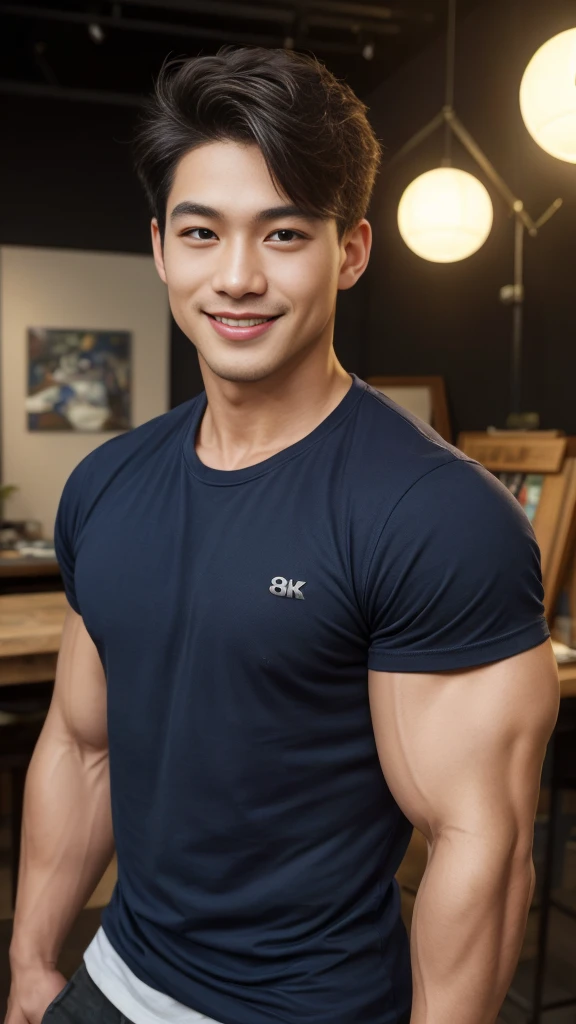((Highest quality, 8K, Masterpiece: 1.3))、Cool Thai man, 1muscular man、 yo、Good appearance、Beautiful nose、smile、 Detailed eyes and face、beautiful light、(studio)、high resolution、(Look at the viewer.)、Fine mouth、smile、whole body: 1.5, perfect shape: 1.3, Picture of both shoulders:1.3, Navy blue round neck t-shirt:1.5