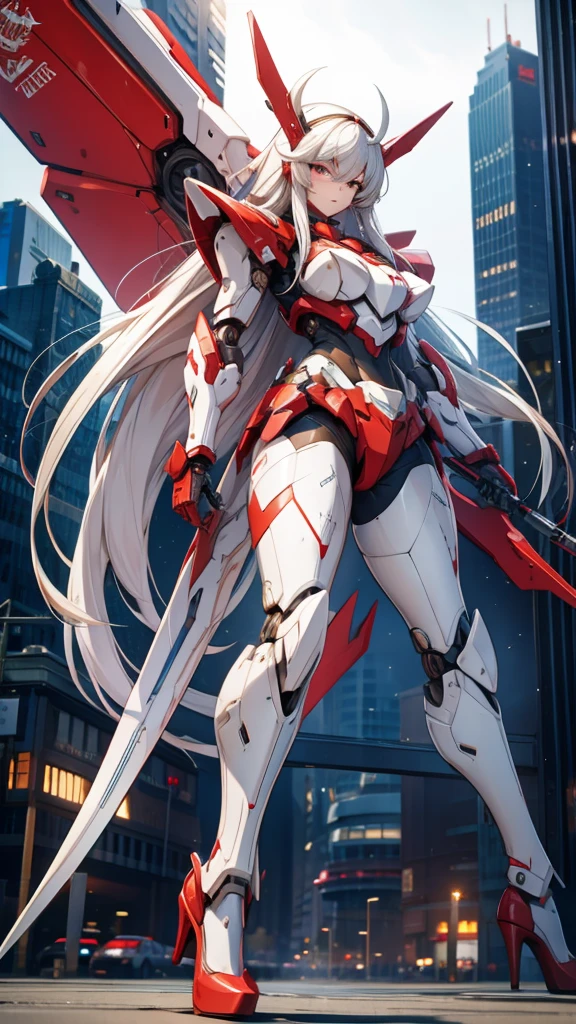 Huge mecha with long white hair，Chest，Full body red armor，female robot，mechanical joint，Thruster，high heels，Sci-fi city