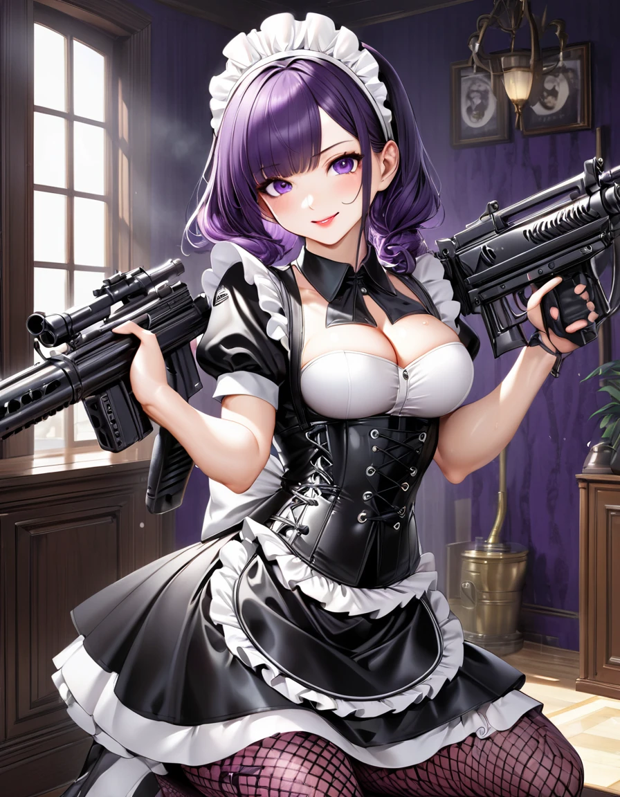 1 mature and seductive woman,(Highest quality,Extremely detailed depiction,Incredibly absurd high resolution,Anatomically accurate depiction,Two lovely hands, Five perfect fingers,Curvy Legs),(Glowing Skin,Shiny skin,Oilskin),((Maid armed with firearm)),(black and white maid outfit,Maid Skirt,corset,Fishnet tights,machine gun),eyelash,(Purple Eyes,There is cleavage in the chest,Bewitching Smile,Glossy lipstick,),Sweat,(whole body),(background:Mansion),Gunfight,Get on your knees and hold your gun,Firing a gun