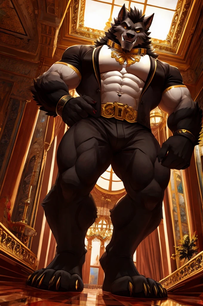 Giant Buff Werewolf Butler, Confident, Golden Eyes, Muscular, Handsome, Charming, View from Below, High Contrast, Standing over the Viewer, Macro, Inside Mansion, Gold Collar