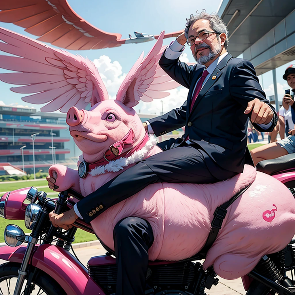 presidente Lula do Brasil, riding a pink pig with flying wings in Brasilia