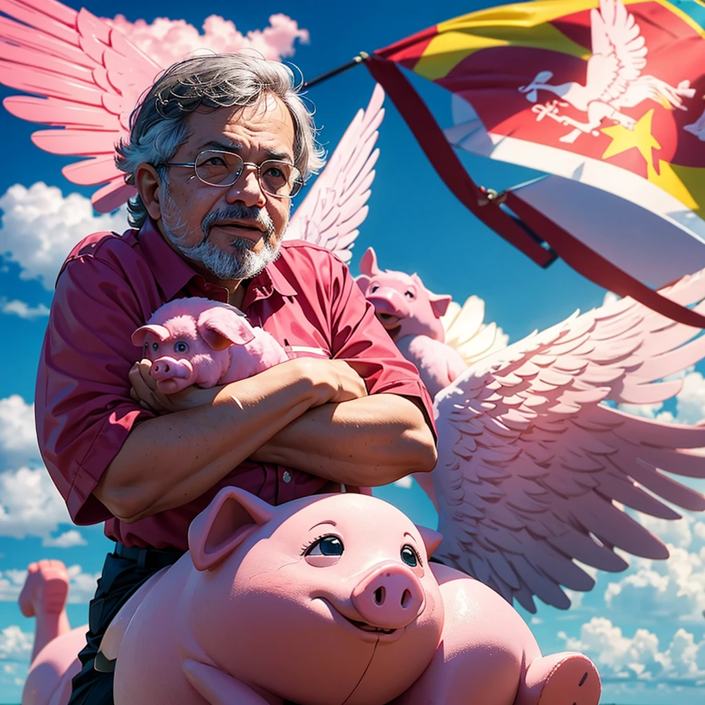 presidente Lula do Brasil, riding a pink pig with flying wings in Brasilia 