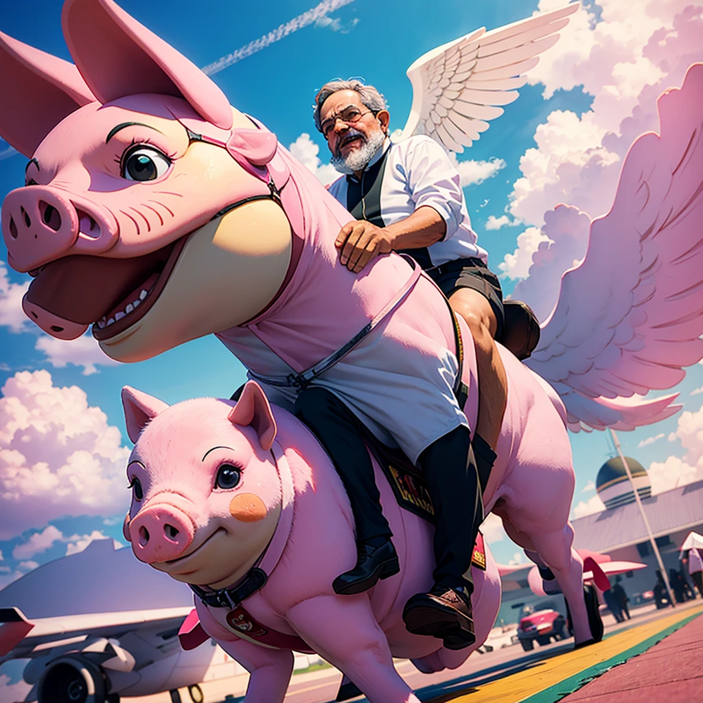 presidente Lula do Brasil, riding a pink pig with flying wings in Brasilia 