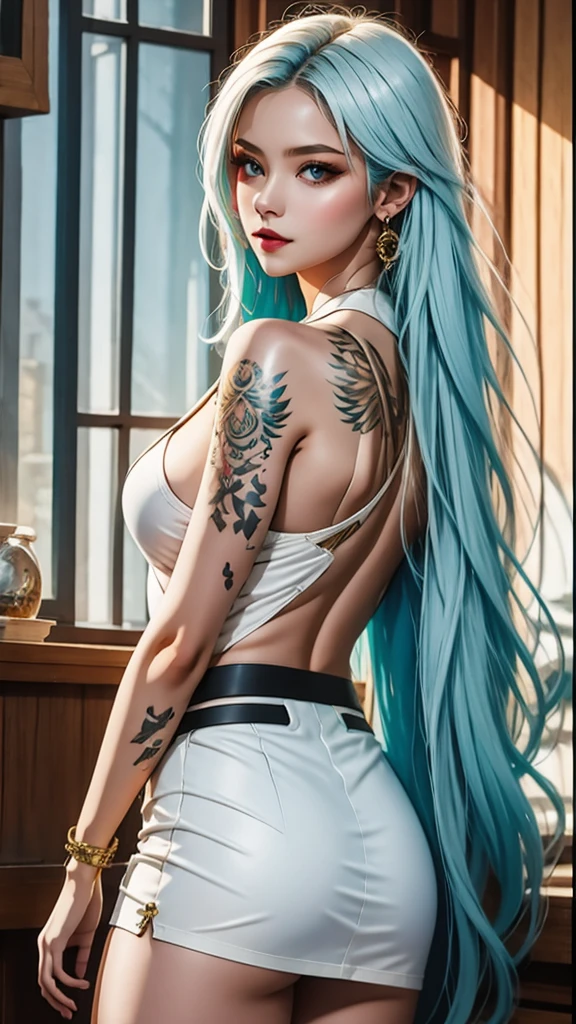 A stunning photorealistic image of a lone woman, hips up, gazing directly at the viewer with piercing white hair cascading down her back. She is dressed in a sleek army suit, with a short skirt and adorned with intricate tattoos and jewelry.