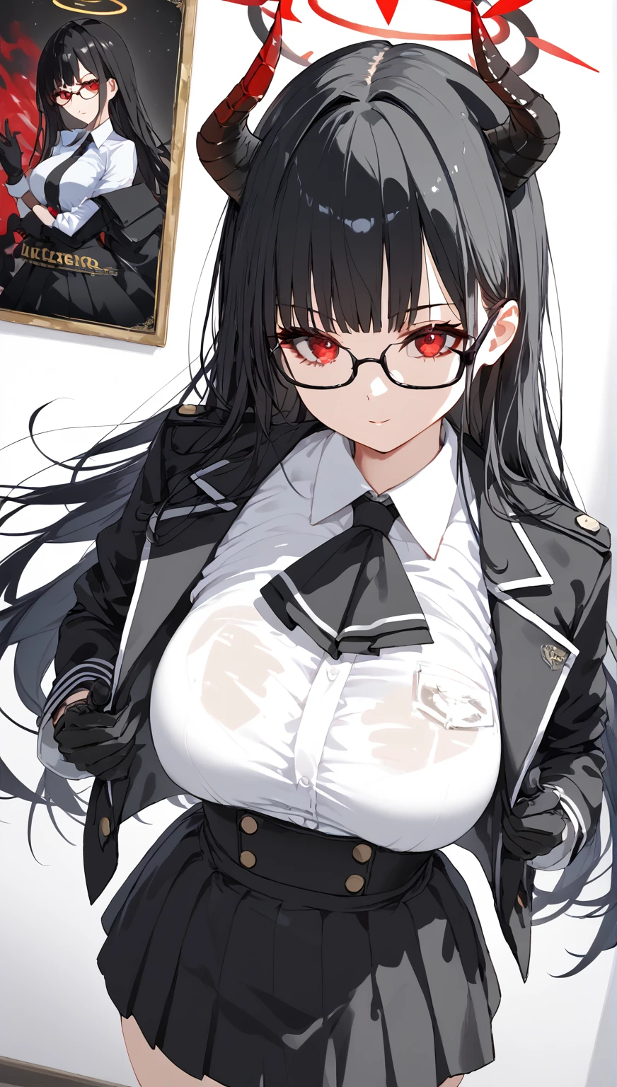 a character with spiked black hair and wearing black and white clothes as seen from above for a poster image, 1girl, black hair, red eyes, glasses, solo, gloves, shirt, halo, horns, long hair, black gloves, breasts, skirt, white shirt, jacket, black skirt, looking at viewer, bangs, high-waist skirt, collared shirt