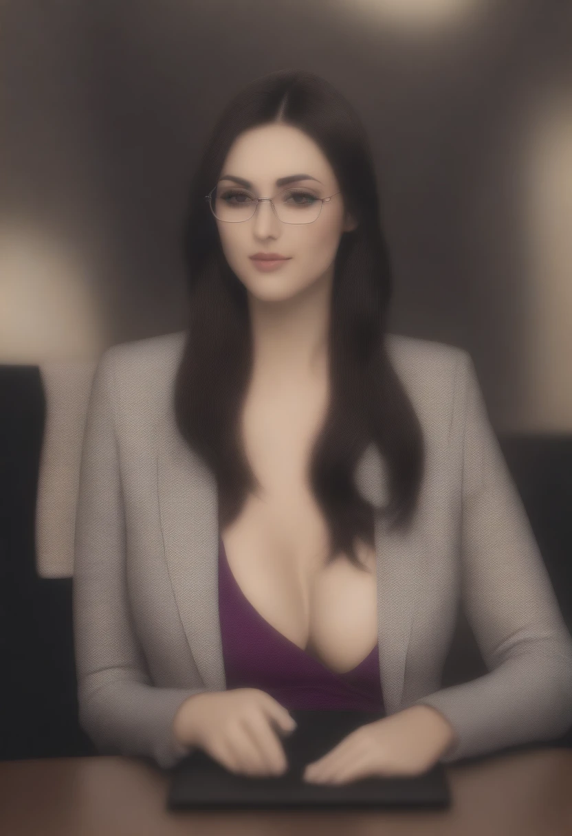 (digital art style) a women as therepist sitting in front of camera, cleavage, blouse, glasses, pretty face, straight hair