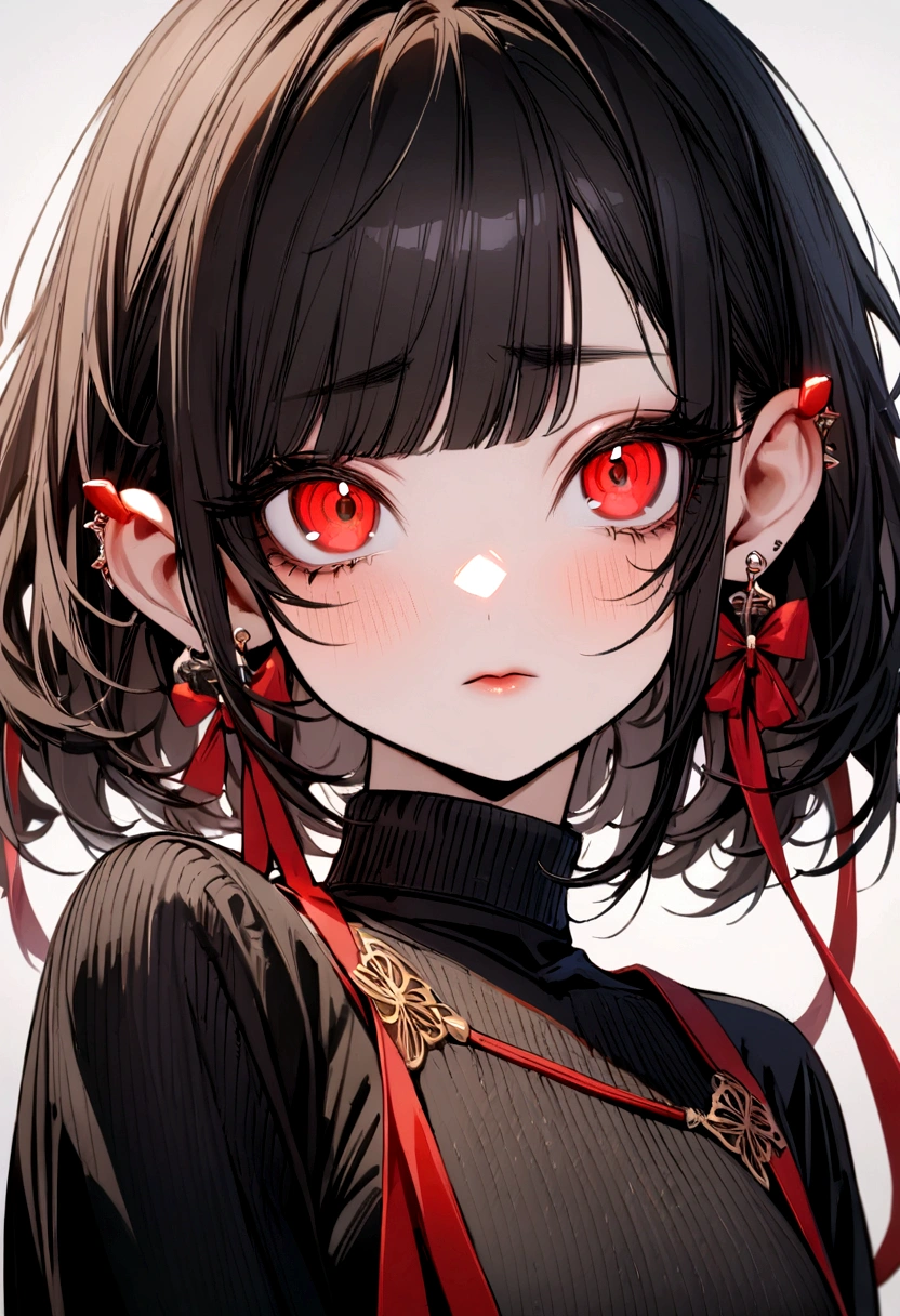 ((Top Quality)), ((Outstanding)), (Details), 1 girl, sexy, black bob hair, sparse bangs, red ribbon on the side, big red eyes, black turtleneck top, short black skirt, earrings in ears, young girl, long eyelashes, round eyes, cool expression