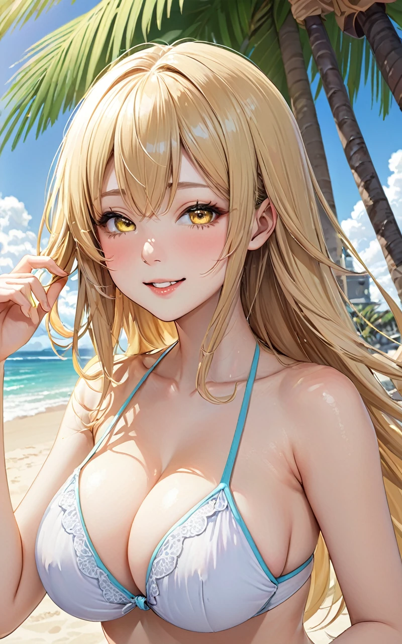 Highest quality、super high quality、16K, Delicious big breasts、The expression is a smile, The only thing she was wearing was a swimsuit、The location is the beach、 Palm tree、cloud、The pose hides her breasts、 Her hair color is yellow.、Angles are random、Small face、Very delicate facial expressions、Delicate eye depiction、Highly detailed hair、Erotic、18-year-old female、Glowing Skin、Soft Skin、